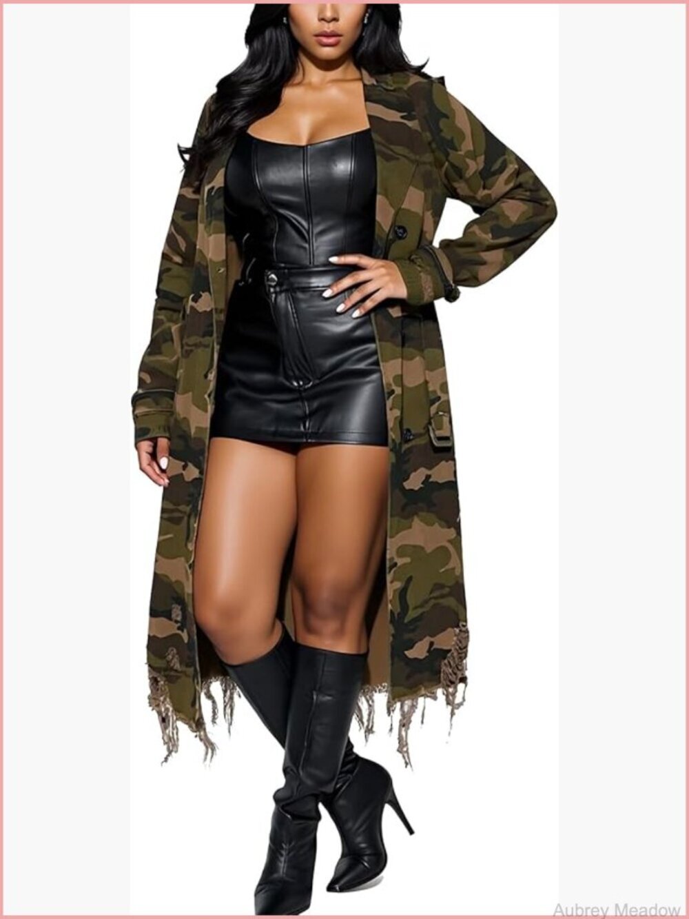 Long Camo Trench Coat Women Distressed Army Fatigue Jacket Overcoat Belt